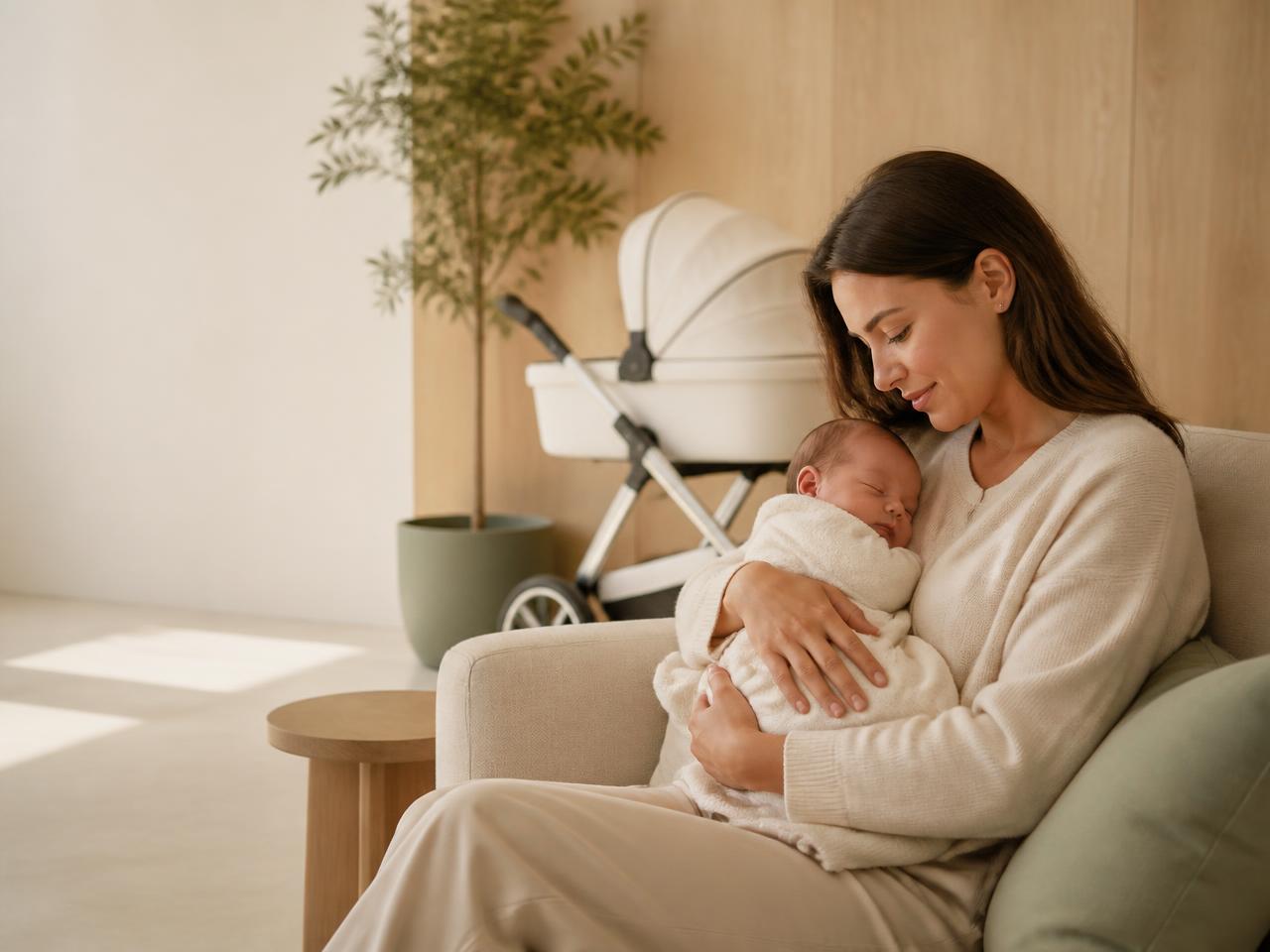 Madre acunando a su bebé en un salón luminoso y ordenado en tonos crema y verde, con el carrito de bebé al fondo